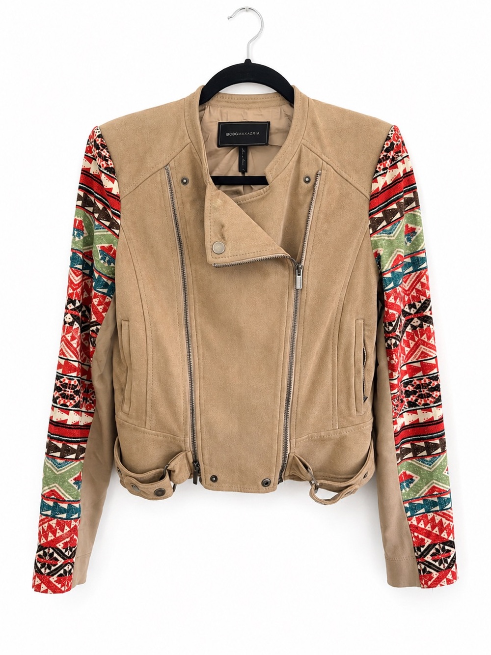 BCBGMaxAzria Tan Suede Moto Jacket with Multicolor Aztec Sleeves